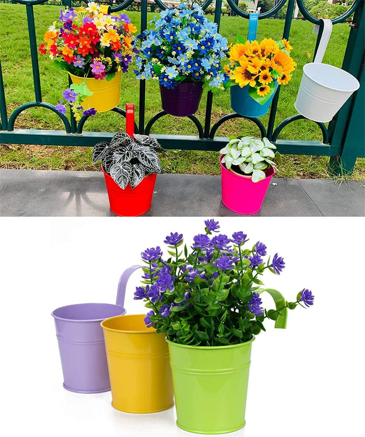 Colorful Iron Flower Pot Hanging Planters Balcony Garden Plant Planter Metal Bucket Flower Holders - Pack of 10 Colors (Big) image number 3