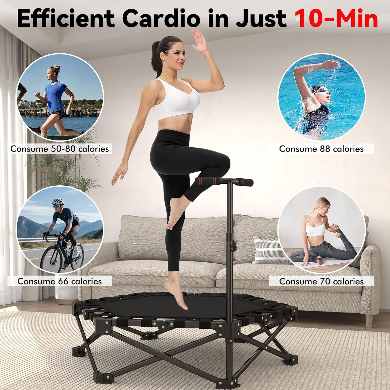 42" Folding Trampoline for Adults Hexagon Workout Trampoline with Steel Frame, Stable Triangular Base, Rebounder for Adults with Bar Mini Trampolines Indoor Adult Supports up to 330LB image number 5