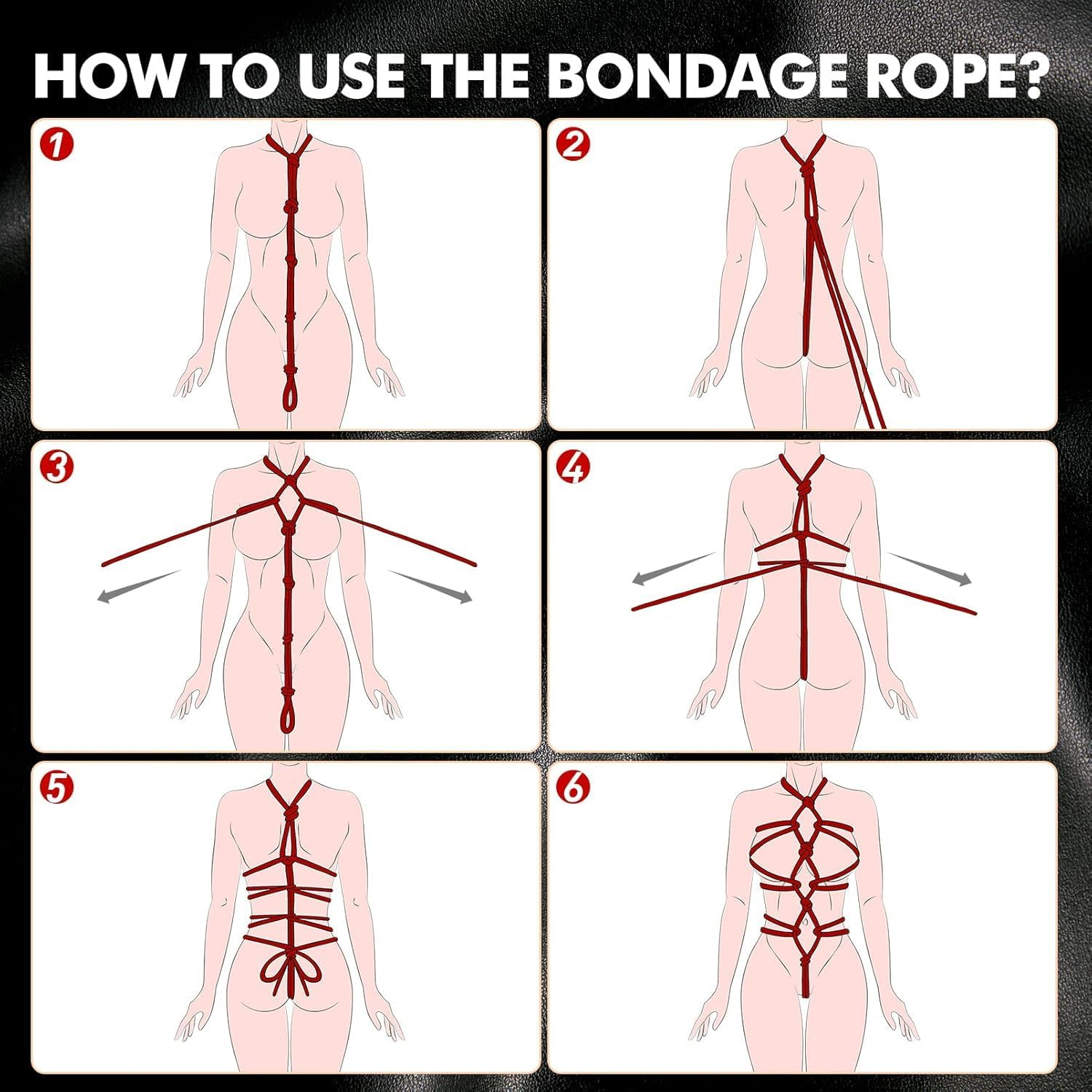 BDSM Bondage Rope Kit - Lovaine BSDM Restraints Adult Sex Toy for Women Beginner Restraint Kit SM Toys for Couples Sex Play Set Soft Cotton Rope 10M, 3 Pack (Black) (Red) image number 6