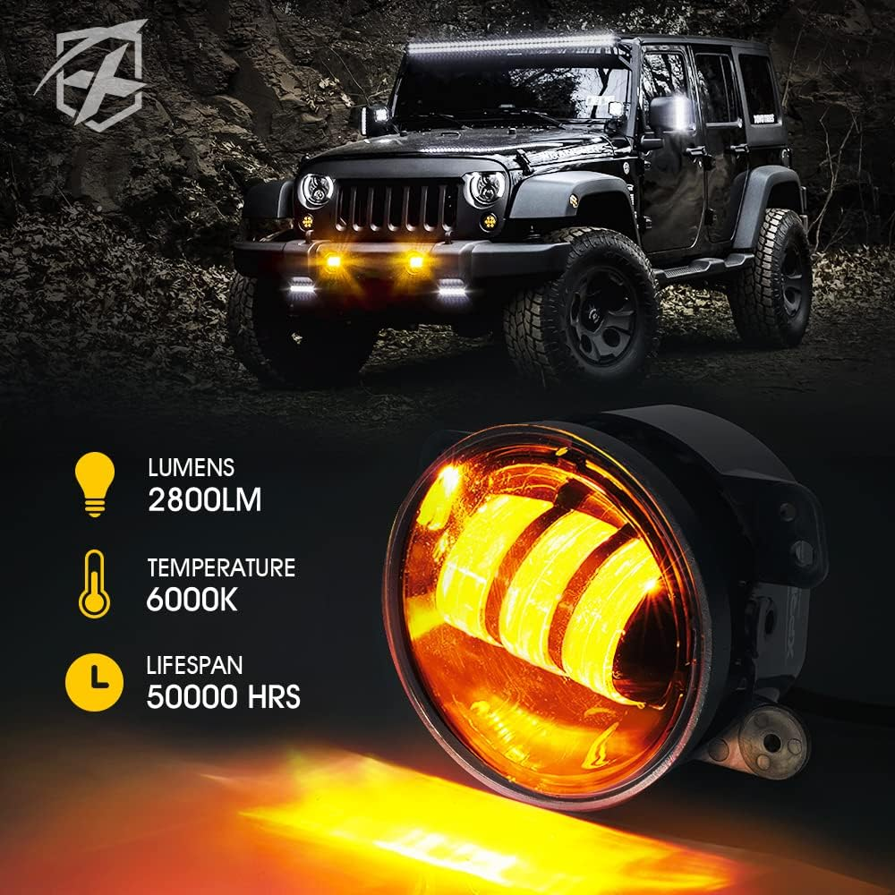 Xprite 4" Inch Amber LED Fog Light Compatible with 2007-2018 Jeep Wrangler JK Unlimited Jku, Driving Offroad Foglights, DOT Approved Front Bumper Replacements Fog Lamps, Amber - White image number 6