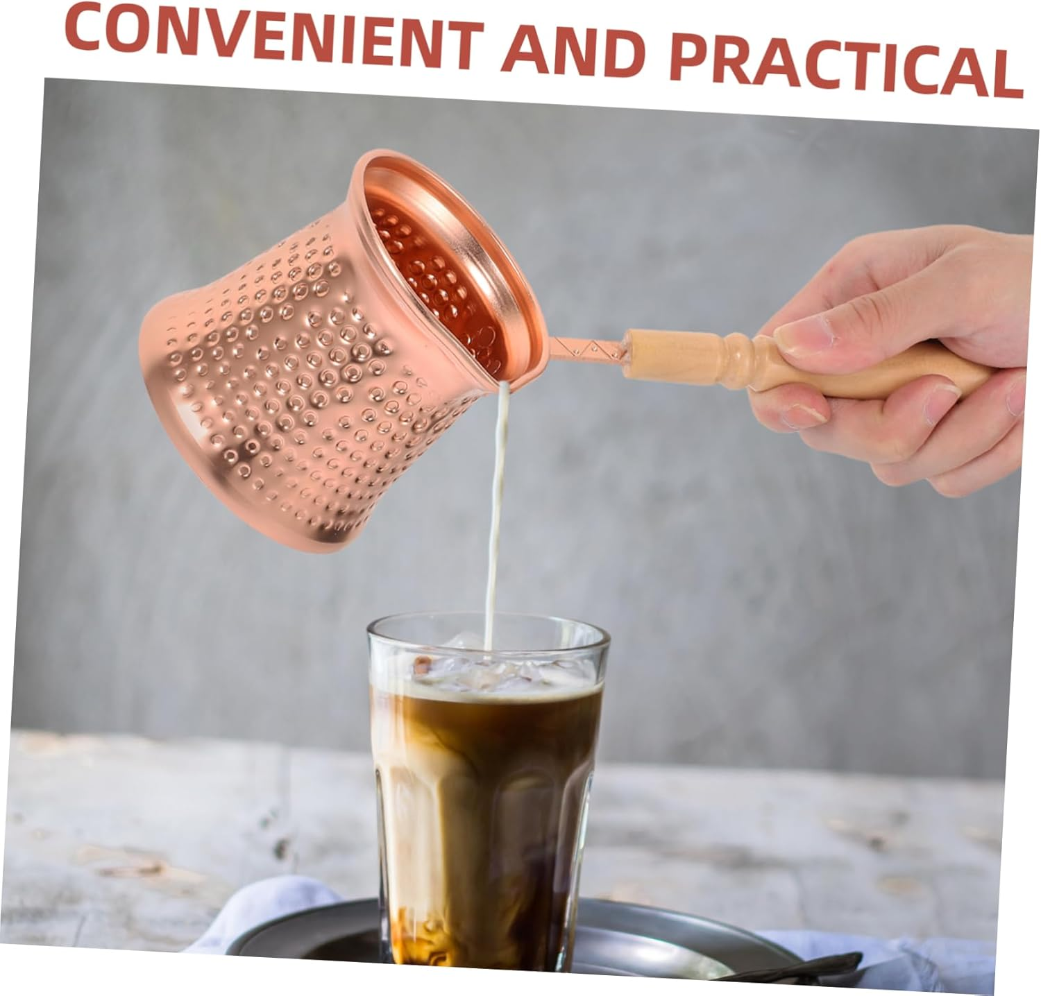 SOLUSTRE Turkish Coffee Pot 350Ml Copper Alloy Small Stovetop Ibrik Wood Handle Heat-Resistant Metal Beverage Pot for Espresso and Milk Steamer image number 2