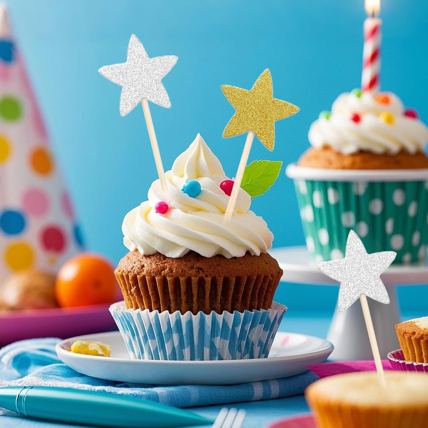 50 Pcs Star Cupcake Toppers Assembly Sparkling Star Cupcake Picks for Wedding Baby Shower Birthday Party Cake Decorations Supplies(Gold,Silver)