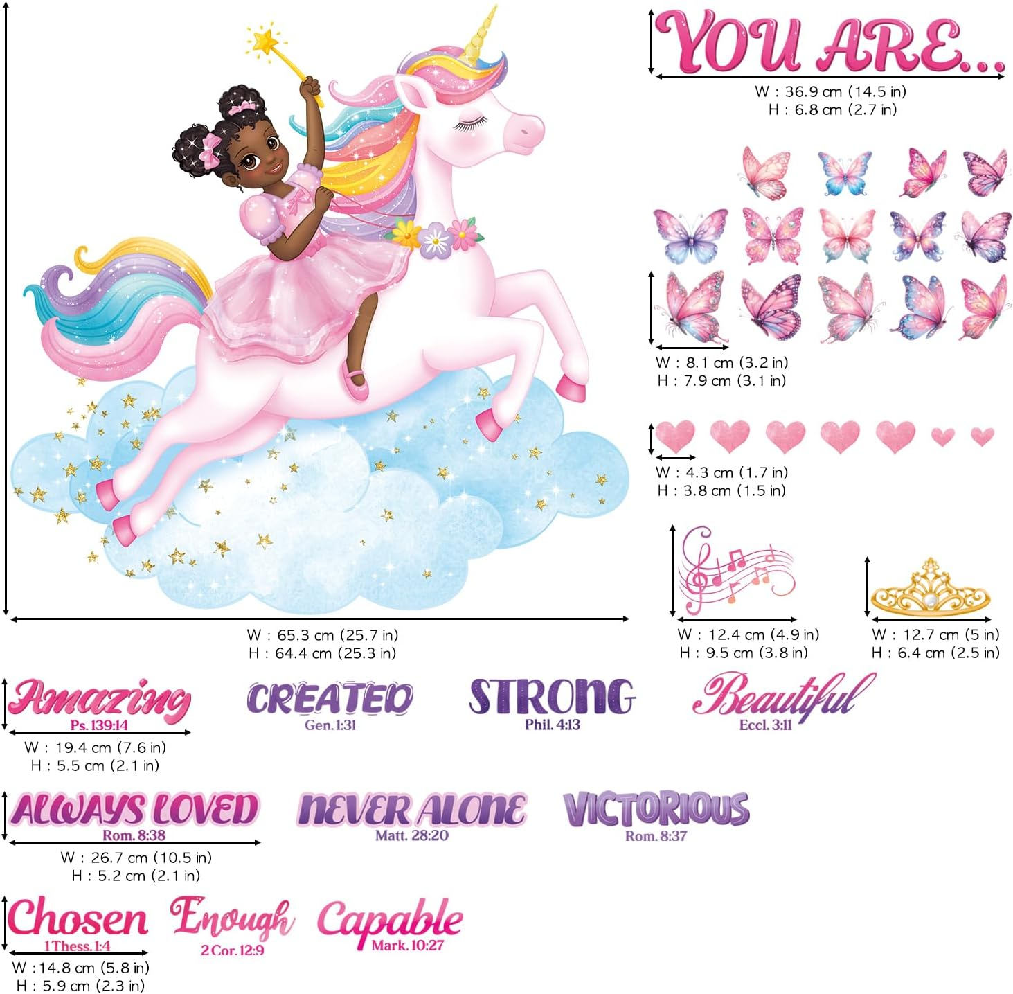 DECOWALL SG2-2503 Black Girl Unicorn Bible Verse Wall Stickers Decals Inspirational Girls Bedroom Nursery Peel and Stick Princess Decor Butterflies Kids Baby Removable Home Art Quotes