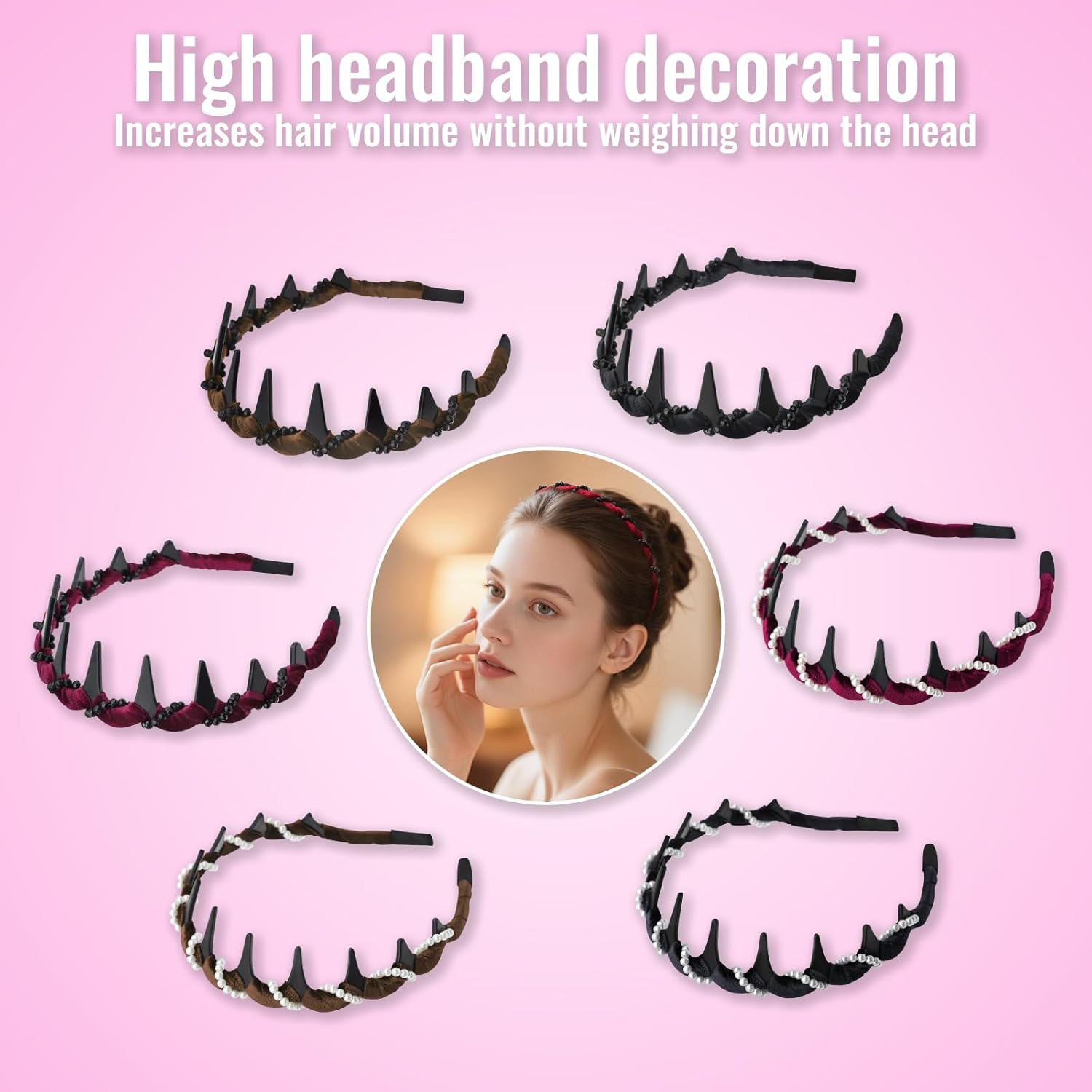 Vintage High Cranium Zigzag Headband Women'S 2025 New, Pack of 6 Vintage Pearl Black Diamond Headband Amen Elegant High Double-Sided Design Headband for Girls and Women image number 3