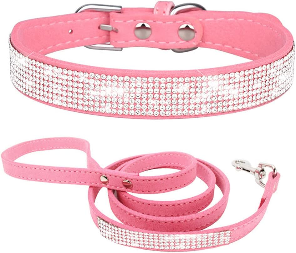 Puppy Dog Collar and Leash Set, Bling Rhinestone Diamond Fancy Crystal Glitter Pretty Jewel Pet Cat Collars for XXS XS Small Medium Large Dogs Kitten, Pink Xxsmall