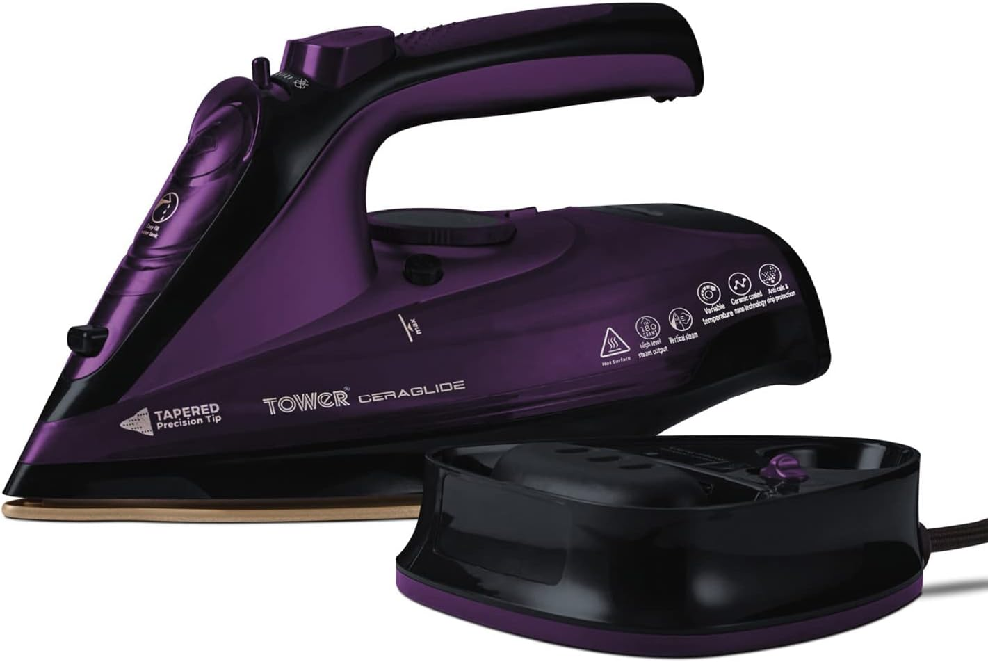 Tower T22008 Ceraglide 2-In-1 Cord or Cordless Steam Iron with Non-Stick Ceramic Soleplate, 160G Steam Boost, anti Drip, anti Scale, anti Calc and Self Cleaning Functions, 2400 W, Purple