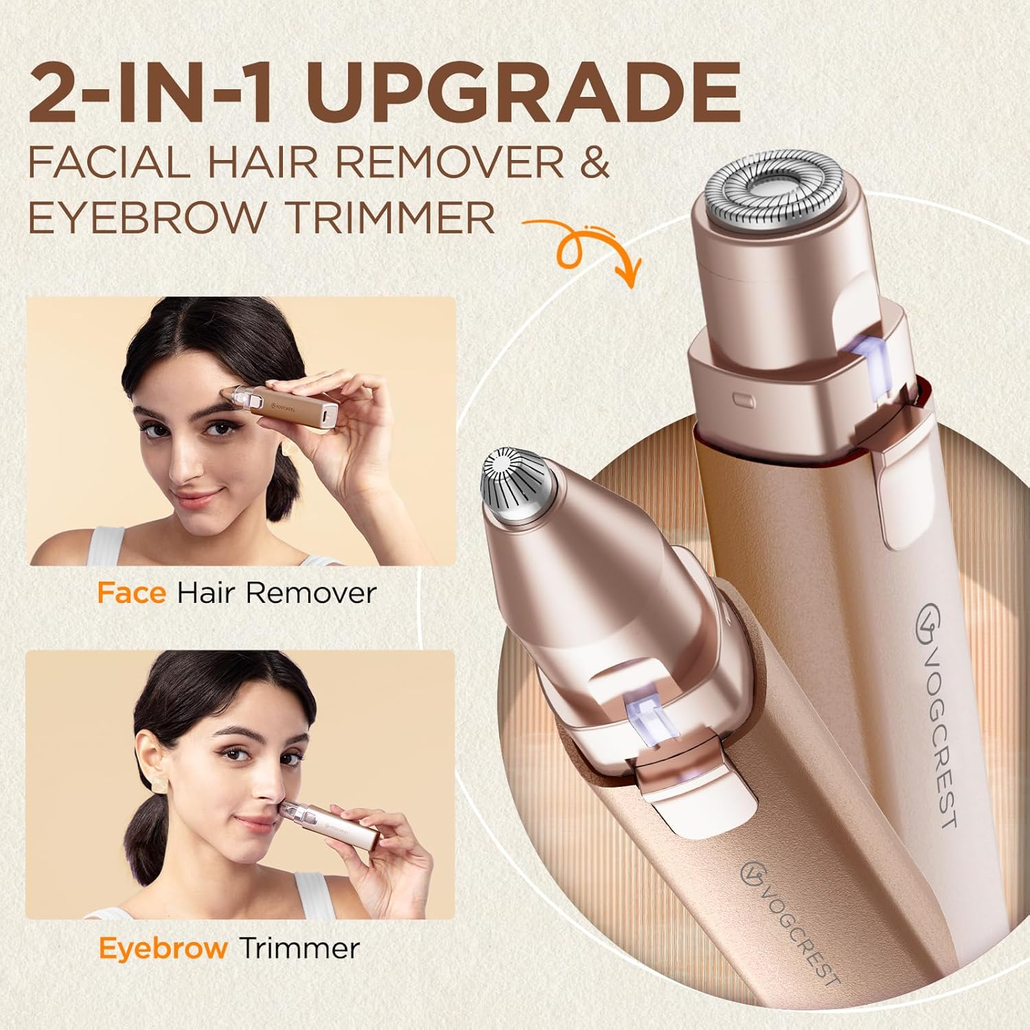 VG VOGCREST Rechargeable Facial Hair Removal for Women: 2-In-1 Electric Eyebrow and Facial Hair Removal Device - Suitable for Eyebrows Chin Cheeks Features a Built-In LED Light (Gold) image number 1