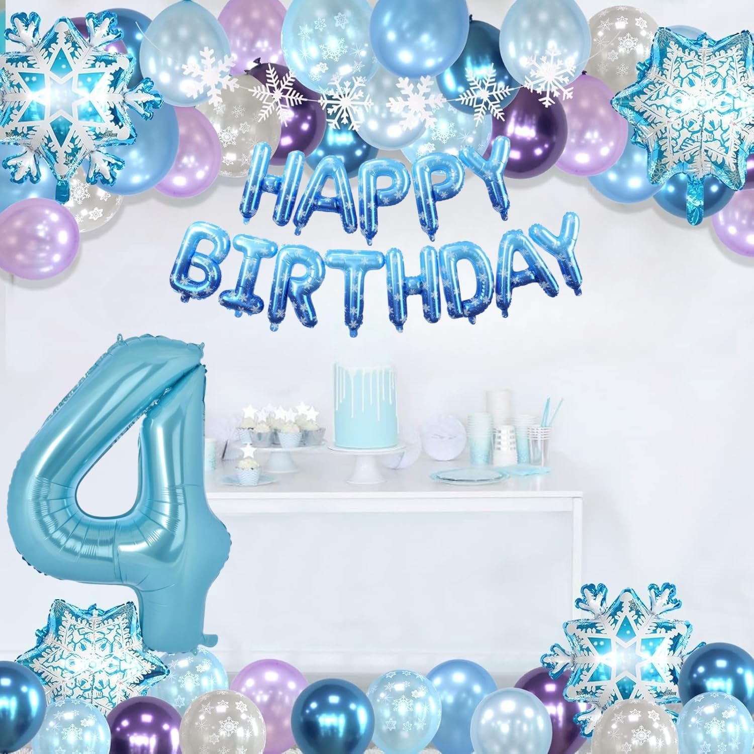 Huge Snow Birthday Decor Kit, Winter Wonderland Party Decorations with Snowflake Balloon Garland Arch HBD Banner, Number 40" Foil Balloon for Baby Girls Decorations (4) image number 4