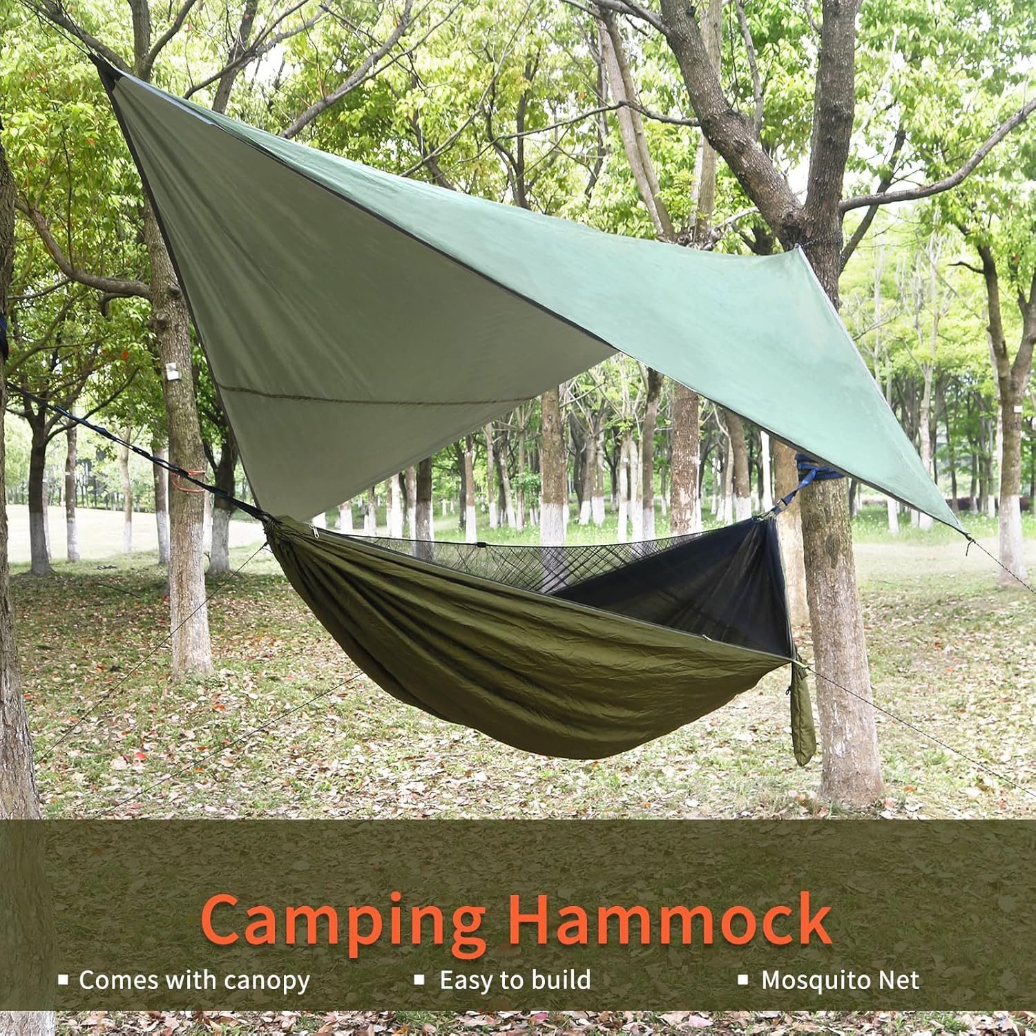 Dxzephious Camping Hammock with Rain Fly Tarp and Mosquito Net Portable Single Double Hammock Tent with Tree Strap Backpacking Hammock with Rain Cover for Hiking Travel Yard Activities Green image number 2