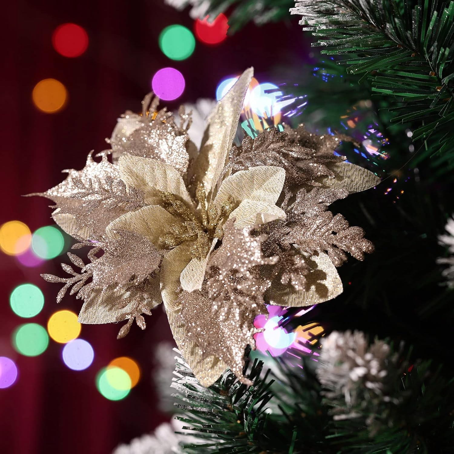 TOYANDONA 12Pcs Christmas Glitter Poinsettia Flowers, Christmas Tree Flower Decorations Artificial Flowers with Stems and Clips for Wedding Party Wreath (Champagne) - Red image number 6