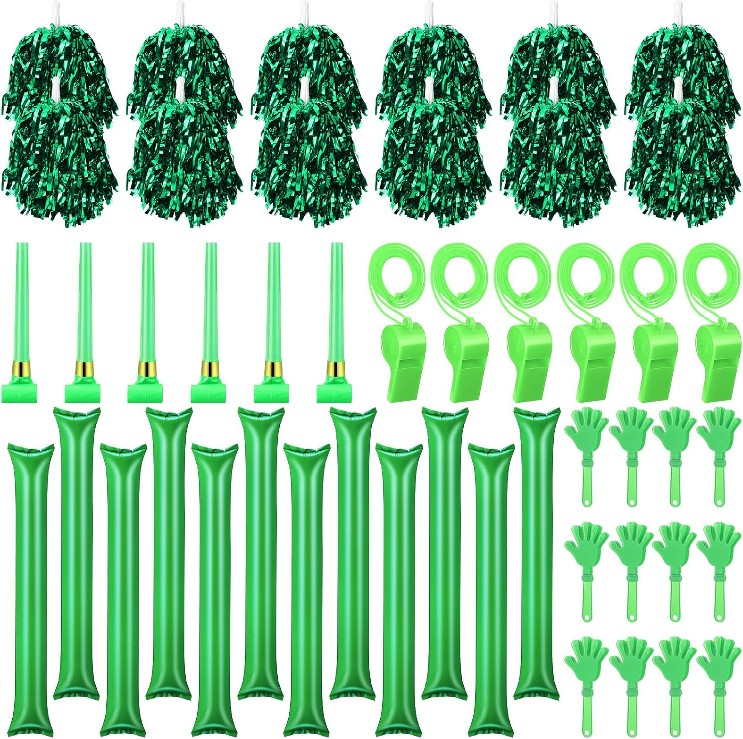 48 Pcs Cheerleading Pom Poms Thunder Sticks Hand Clappers Plastic Whistles with Lanyards Squawker Horns
