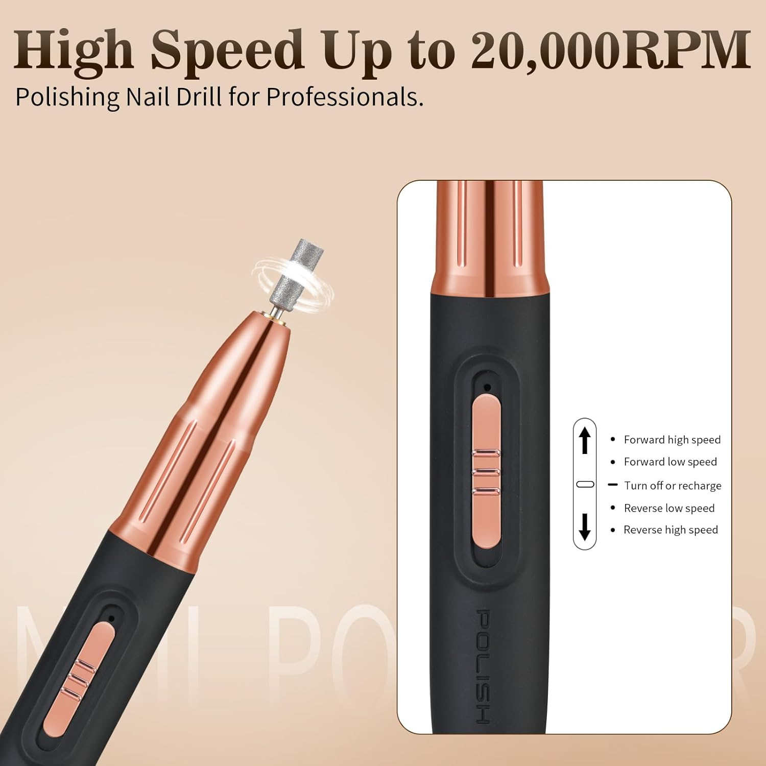 ELEHOME Electric Nail Drill File, Cordless Nail Drill for Acrylic Gel Dip Powder Nails, Rechargeable Electric Nail File Machine E File for Manicure Pedicure Polishing Shape, Black - Black image number 2