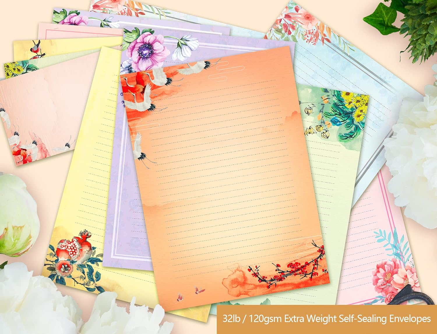 A4 Vintage Floral Stationery Paper (Lined) 48 Pieces and Self-Sealing Envelopes 24 PC Set, 100GSM Heavy Weight College Ruled Letter Writing Stationary, Printer Friendly, Color Both Sides, Watercolor