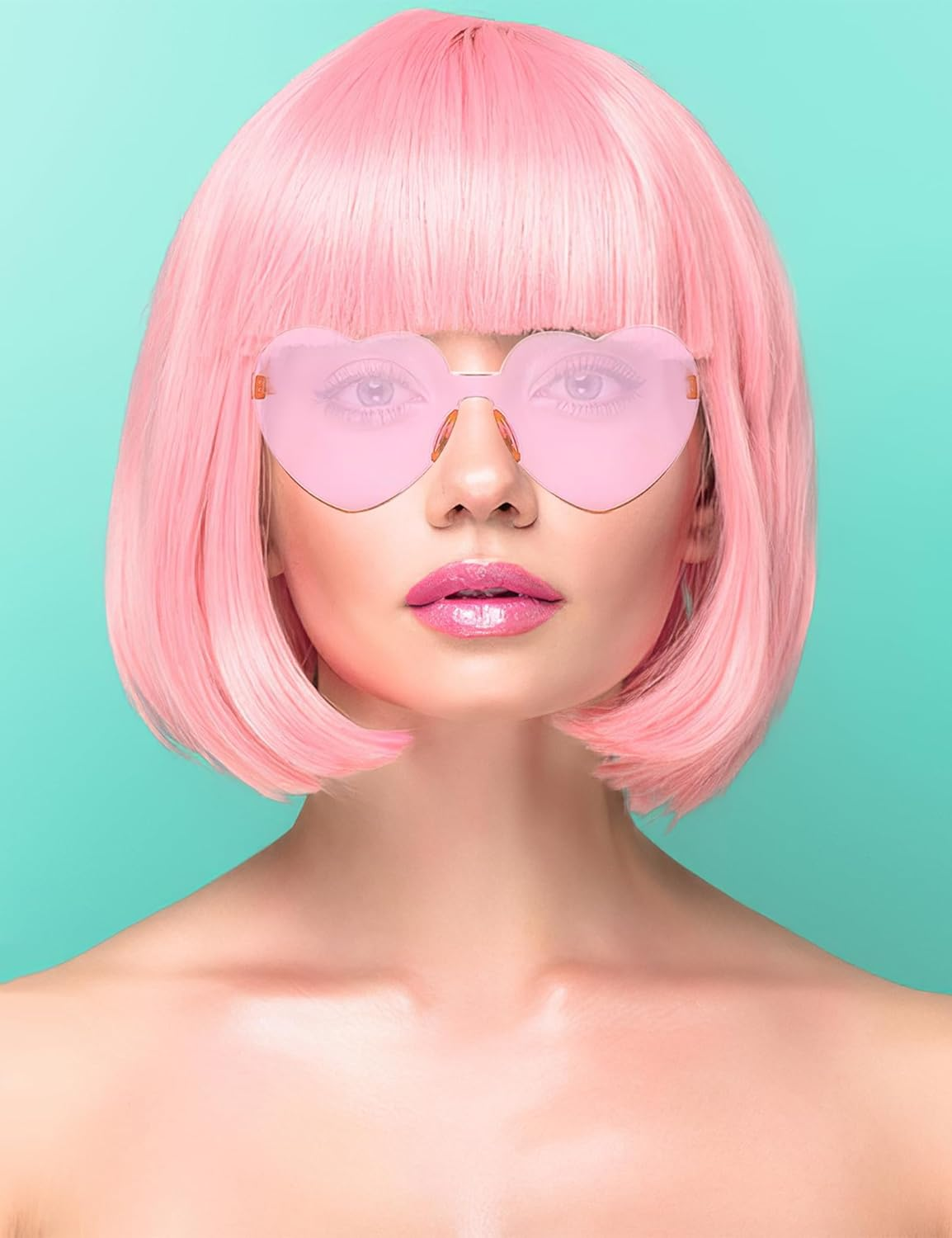 Pink Wig and Party Sunglasses, Bob Wig with Bangs Light Pink Wigs for Women, Cosplay Party Wigs - Bachelorette Decorations Favors (Pink) - Fluorescent Green image number 2