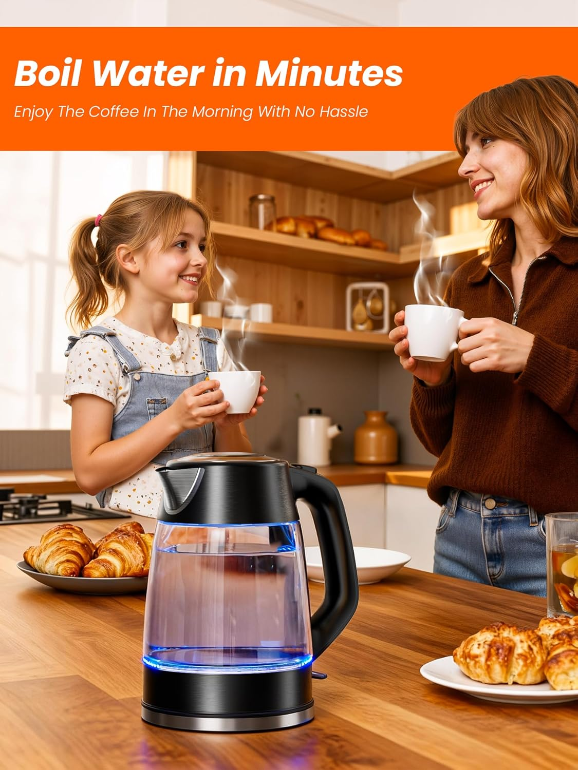 AUSELECT Electric Kettle - 1.7L Glass Kettle 2200W Stainless Steel Filter Spout, Quick Water Boiler Wiith Borosilicate Glass, Fast Boiling Water Kettles for Coffee & Tea, BPA Free, Automatic Shut Off image number 5