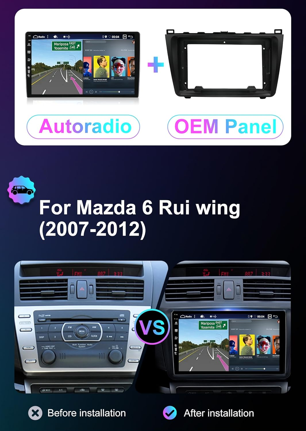 Android 14 IPS Car Stereo for Mazda 6 Rui Wing (2007-2012) - 2G+32G - Wireless Carplay/Android Auto - Rear Camera Free - 9 Inch 2 Din DAB Steering Wheel Fast-Boot DSP Bluetooth Wifi GPS Navi image number 1