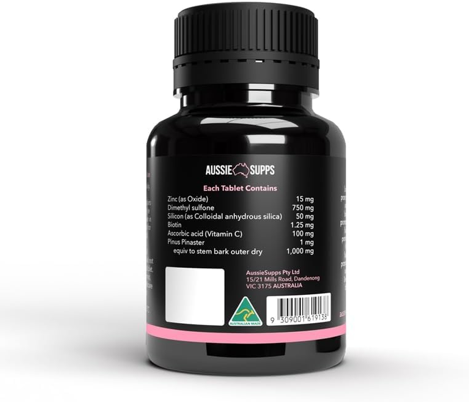 Aussiesupps Hair, Skin and Nails &ndash; Supports Hair Growth, Radiant Skin, Strong Nails, with French Pine Bark, Zinc, Biotin, Vitamin C, Dimethyl Sulfone, and Silicon (60 Tablets) image number 3