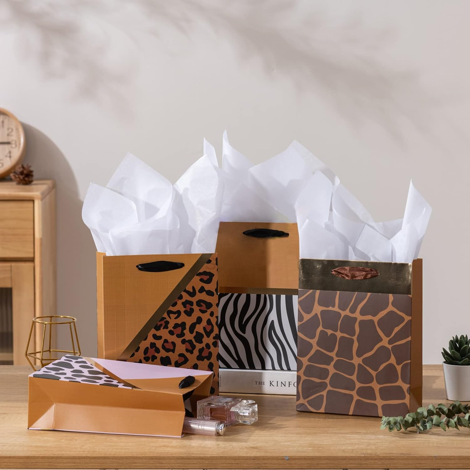 4 Pack Gold Gift Bags with Tissue Paper, 7X3X9 Inch, Perfect for Birthdays, Showers, Fathers' Day, Christmas, Weddings and Parties image number 7