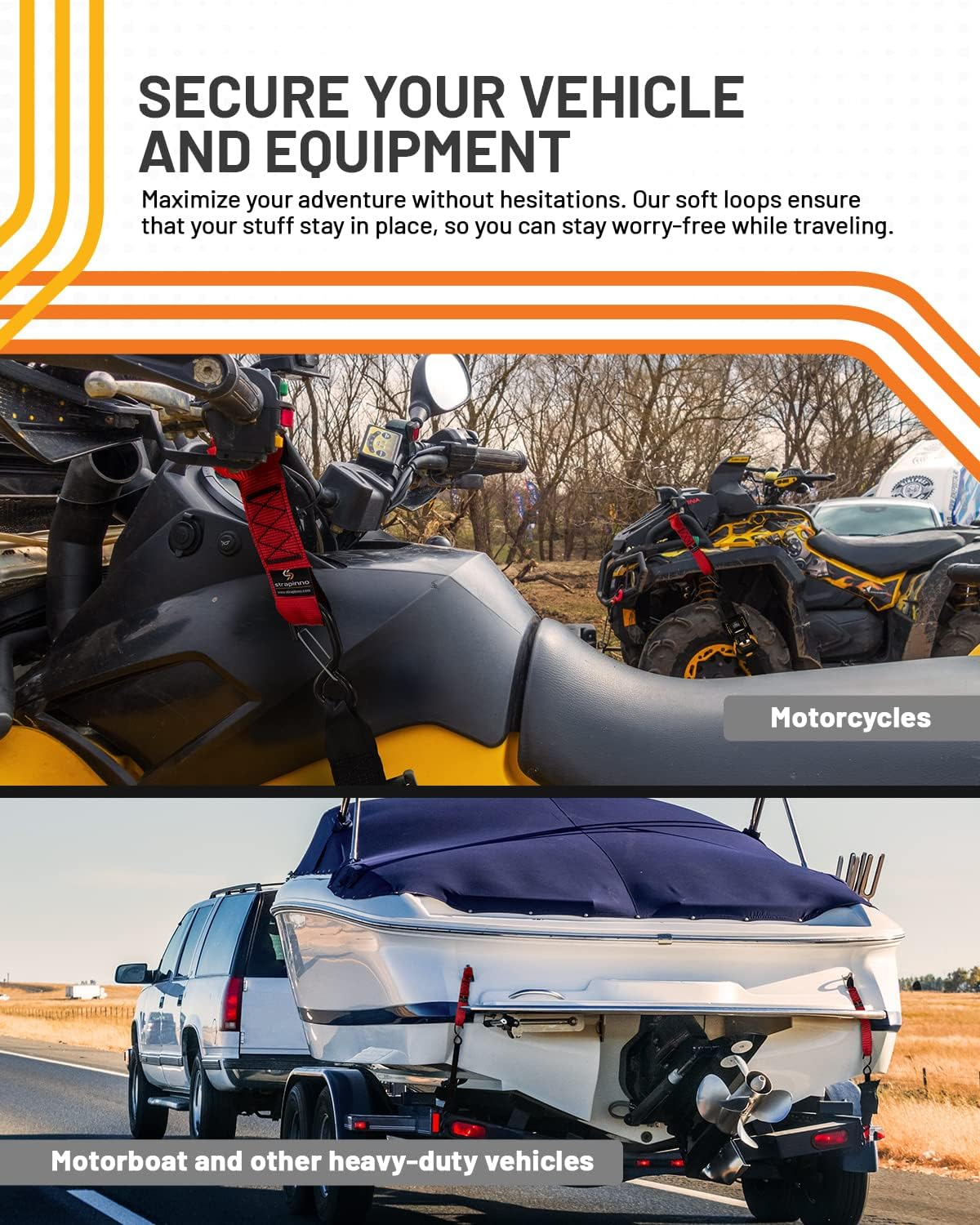 Strapinno 4Pcs. Soft Loop Tie-Down Straps -1.7 in X 17 in Straps with 10,500Lbs Breaking Strength and 3,500Lbs Working Load Limit Each, Ideal for Securing ATV, UTV, Vehicles, and Other Equipment(Red) image number 5