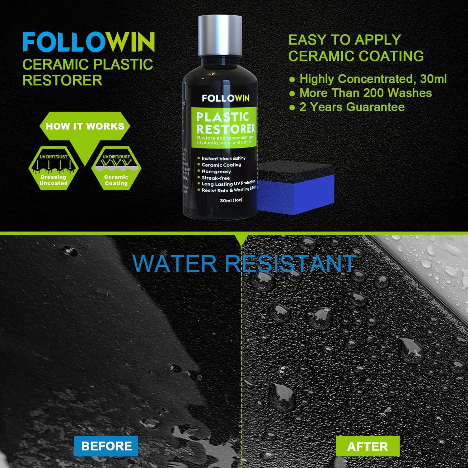 FOLLOWIN Plastic Restorer for Cars Ceramic Plastic Coating Trim Restore, Resists Water, UV Rays, Dirt, Ceramic Coating, Not Dressing, Last over 200 Washes, Highly Concentrated, 30Ml image number 3