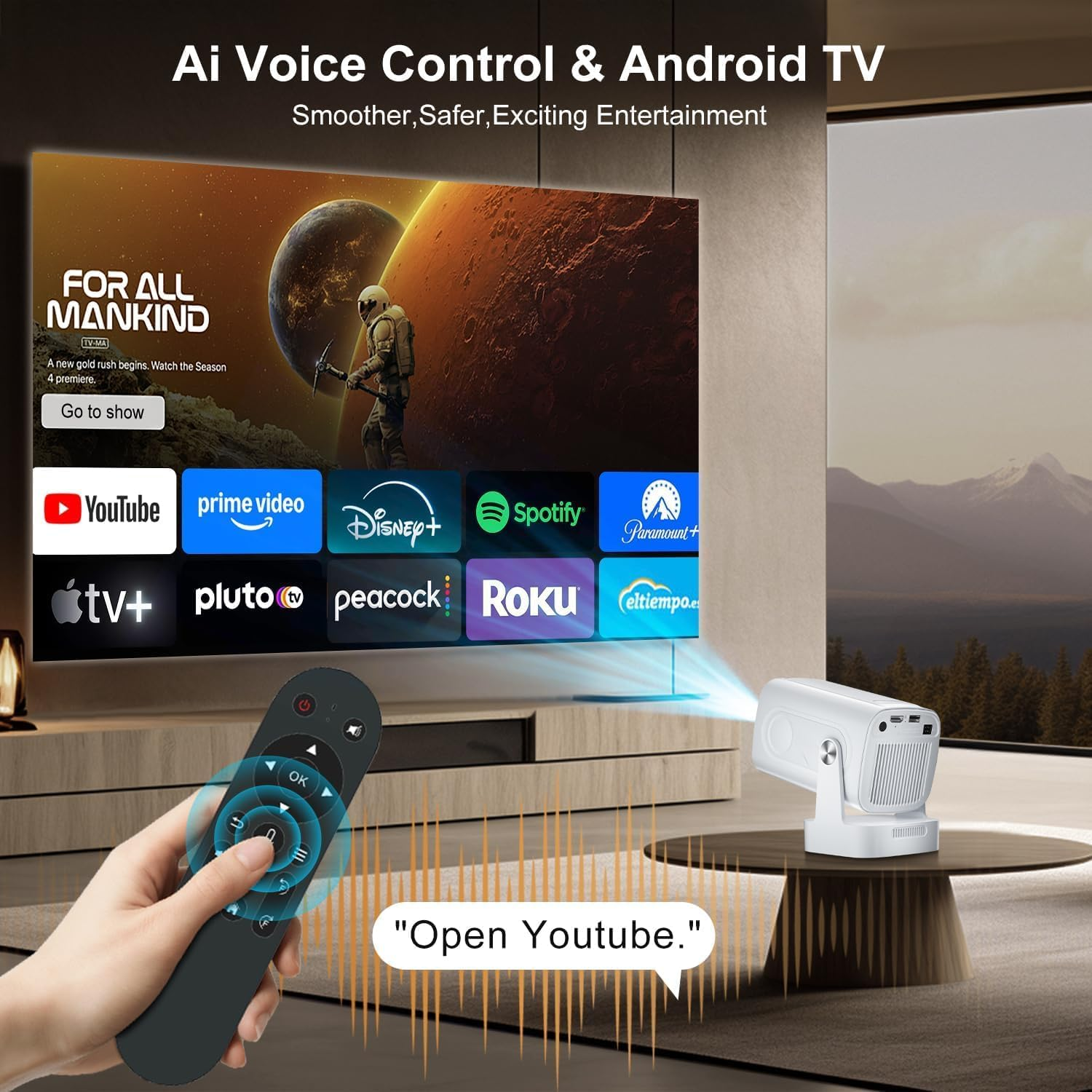 Mini Projector 4K,1080P Full HD,20000LM Brightness,Auto Focus/Keystone,250''Big Screen,Built-In Apps,5G Wifi 6 Bluetooth 5.4,Short Throw Portable Projector for Bedroom/Outdoor/Phone image number 4