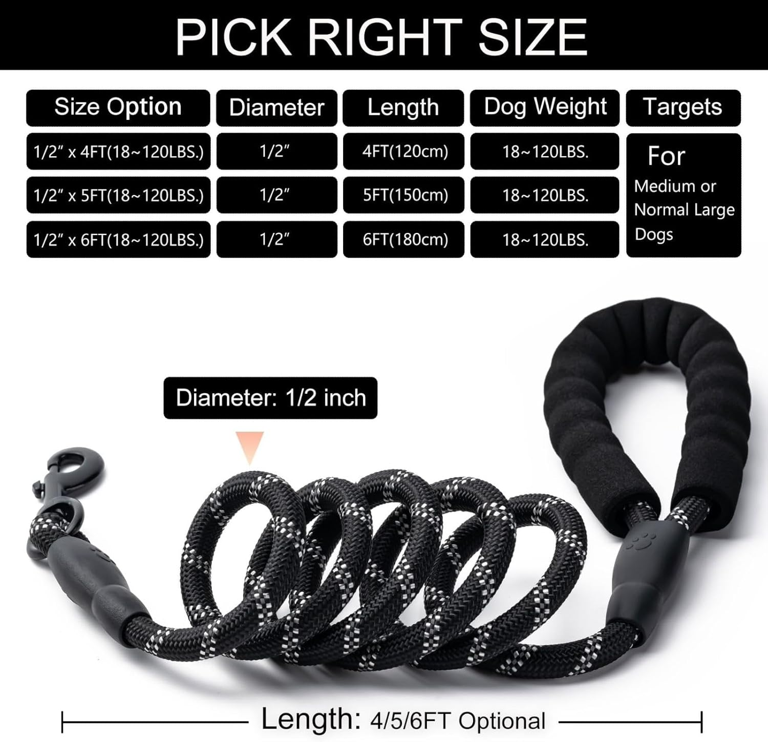 MIDAGAS Dog Leash 5 FT Heavy Duty Pet Leashes with Comfortable Padded Handle, 360&deg; Swivel Metal Catch, Highly Reflective Threads Leash for Medium Large Dogs, with Collapsible Pet Bowl and Garbage Bags image number 2