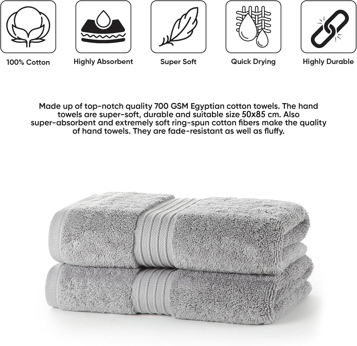 ALSAP Grey Hand Towels Pack of 2 - Ultra Soft Super Absorbent 700 GSM Egyptian Cotton Towels - Bathroom Linen Sets - Luxury Hotel Quality Cotton Hand Towels Set Convenient Size 50X85Cm image number 5