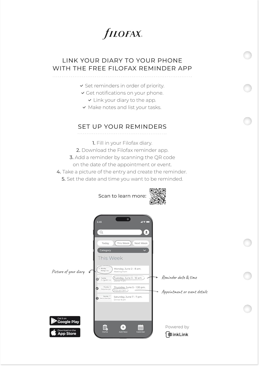 Filofax Calendar Diary Refill, A5 Size, Week on One Page with Notes, White Paper, Multilingual: Five Languages, 2025 (C68509-25) image number 3