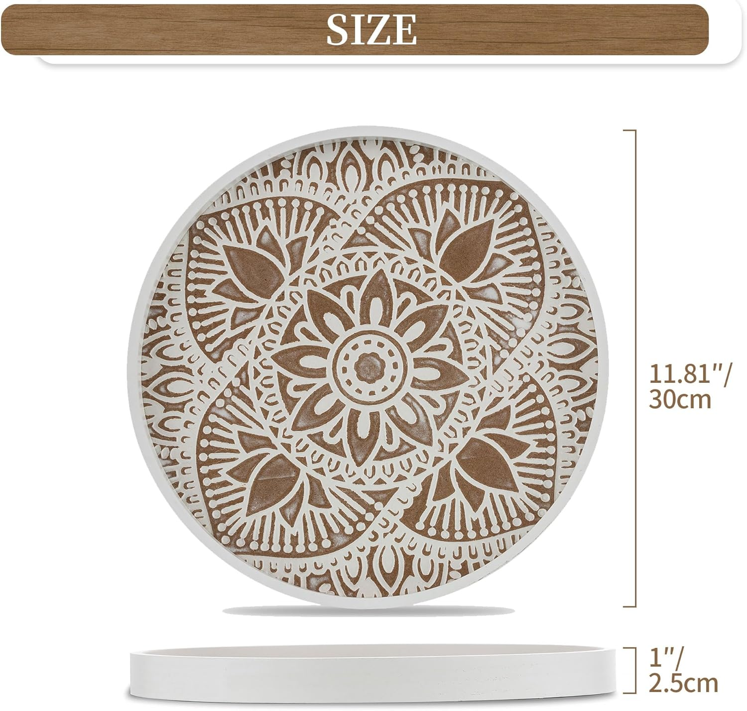 Hanobe round Wood Decorative Tray: Rustic Coffee Table Tray Farmhouse Tray Decor White Washed Centerpiece Wooden Serving Trays Rounded Tray for Kitchen Counter Boho Ottoman Tray for Home image number 1