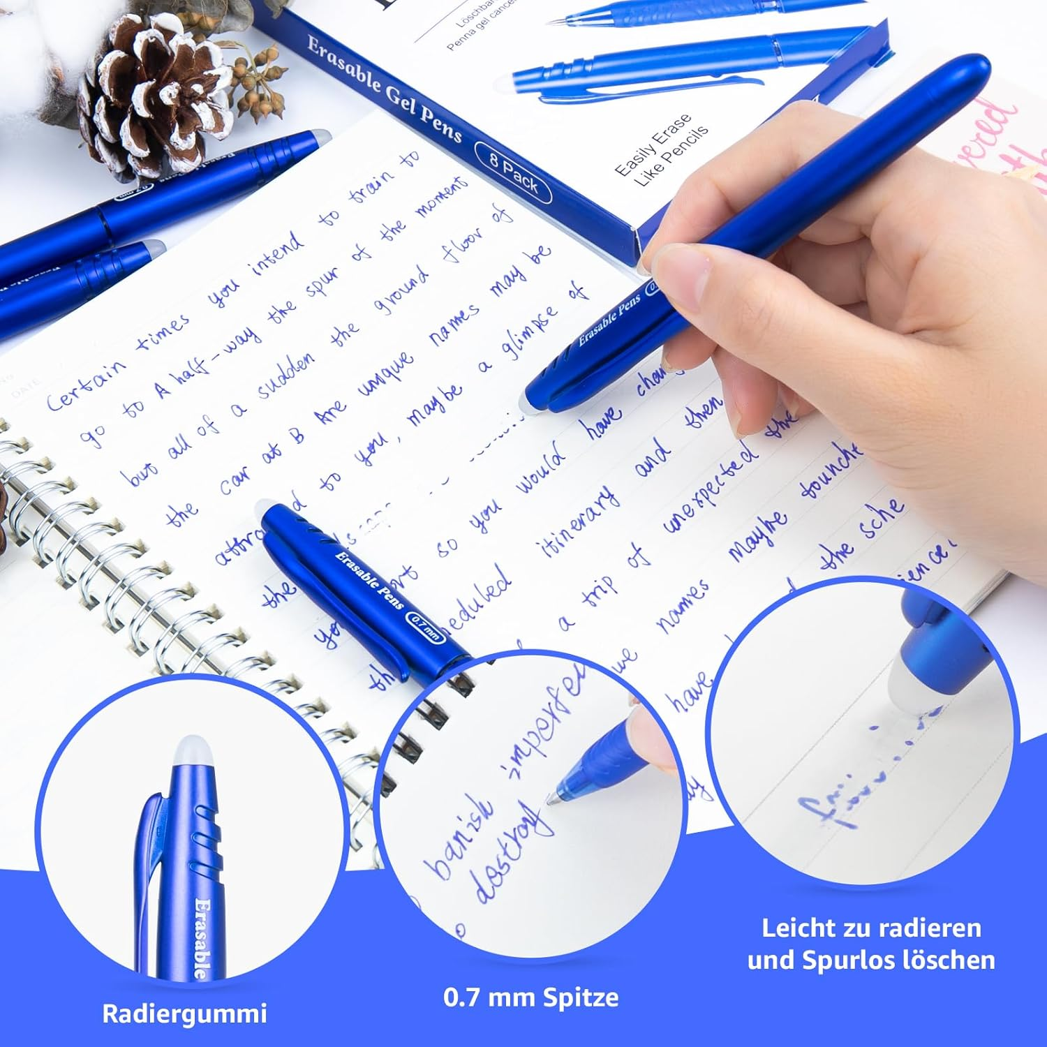 JR.WHITE Erasable Gel Pens - 8 Rubber Tip Pens, Fine 0.5Mm Erasable Pen for School, Office & Stationery Supplies (8 Blue) image number 4