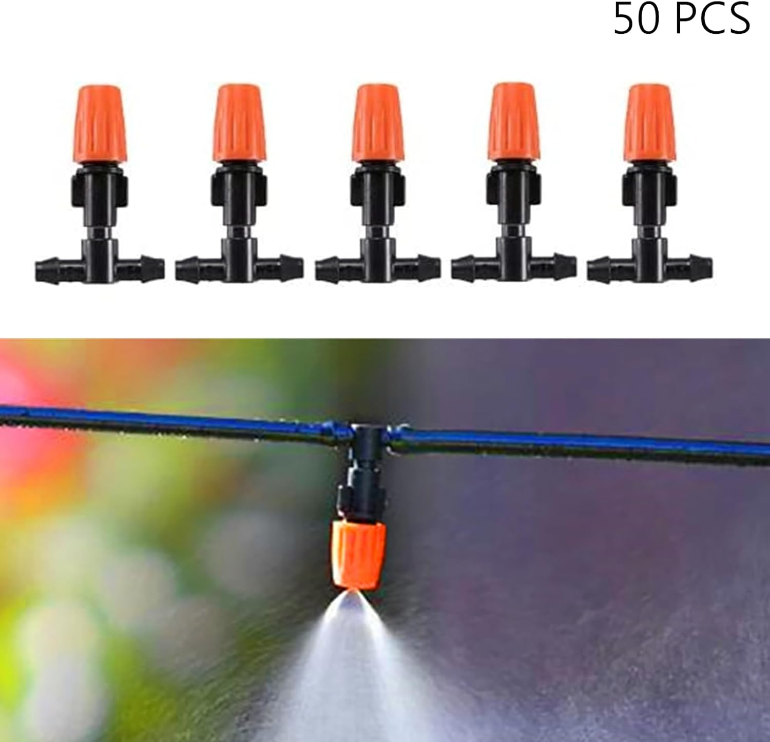 Three-Way Atomizing Nozzle 1/4 Inch, 50 Pcs Adjustable Micro Spray Emitters, Drip Irrigation Parts Accessories for Patio Lawn Greenhouse Vegetable Irrigation Supplies image number 5