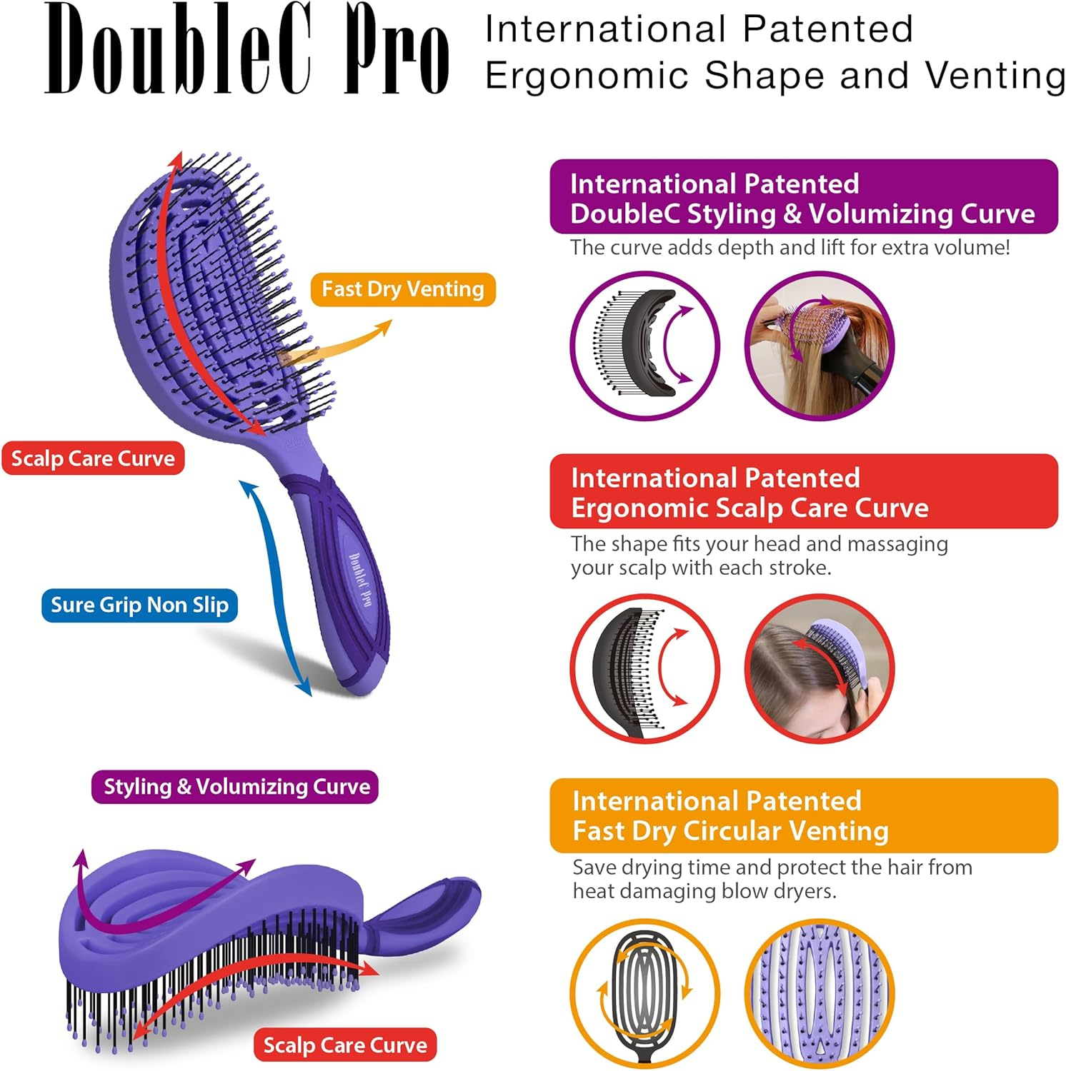 Nuway 4HAIR Doublec PRO U.S. Patented Double Curved Detangling Brush Is Hair Dryer Safe (Hyacinth) - Black image number 6