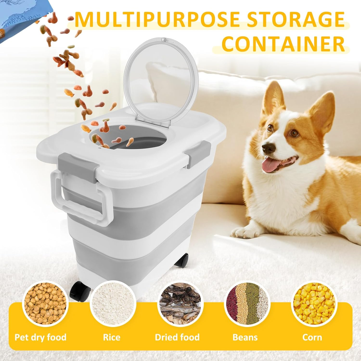 LYIYEYAN Plastic Dog Food Storage Container with Attachable Casters and Scoop, Handle Design, Large Capacity Collapsible Pet Food Container, Keep Fresh, Airtight Dog Food Bin for Home Travel image number 5