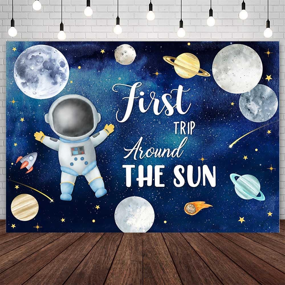 AIBIIN 7X5Ft First Trip around the Sun Birthday Backdrop Outer Space 1St Birthday Photography Background Galaxy Space Sun Planets Astronaut Birthday Party Decorations Banner Photo Booth Props image number 2