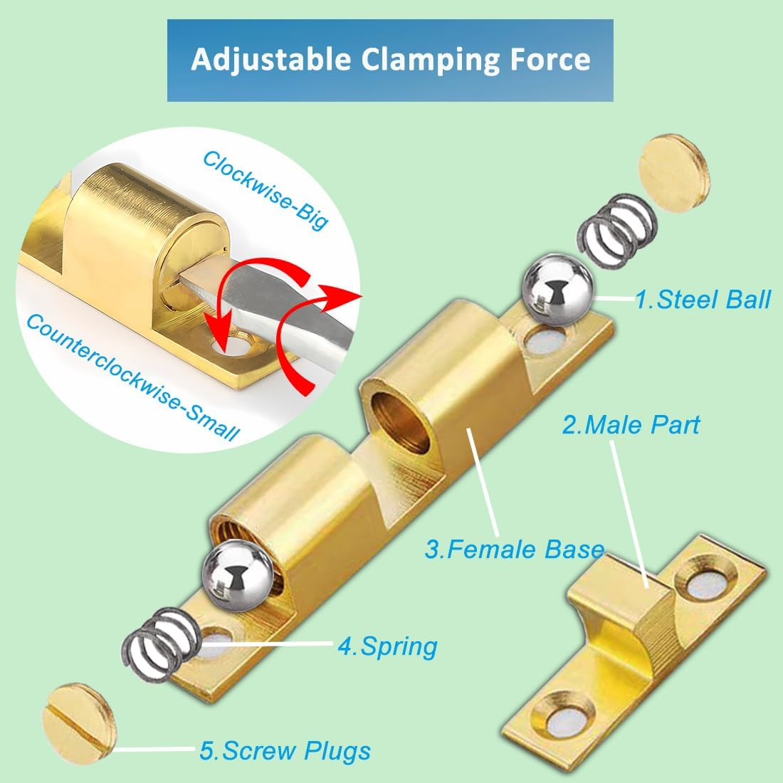 Waketek Cabinet Brass Clasp Buckles with Screws, These Door Catchs'Re Double Ball Tension Roller Latch for Various Cabinet Doors (Solid Copper, Adjustable and Durable) (Brass Catch A(40MM)) image number 1