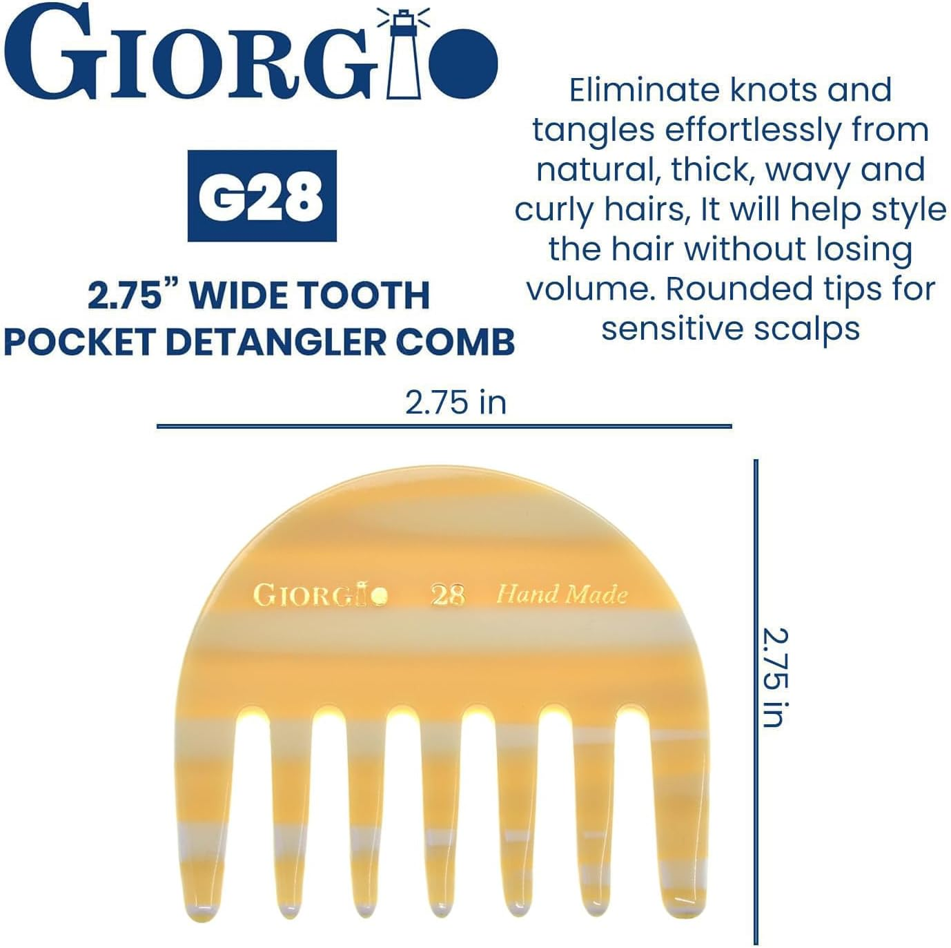 Giorgio G28 2 3/4" Hand Made Ivory Detangling Comb - Wide Teeth Flexible Comb, Hand-Made of Quality Durable Cellulose, Saw-Cut and Hand Polished (2 Pack, Ivory) image number 6