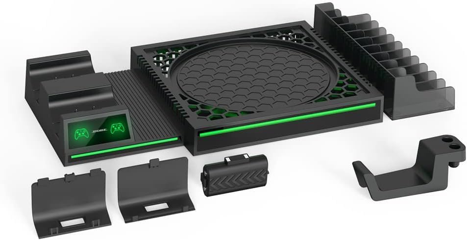 Vertical Stand Compatible with Xbox Series X Console, Dual Charging Station with 2 Rechargeable Battery for Xbox Series X Controller, with 10 Game Card Slot and Headphones Holder image number 1