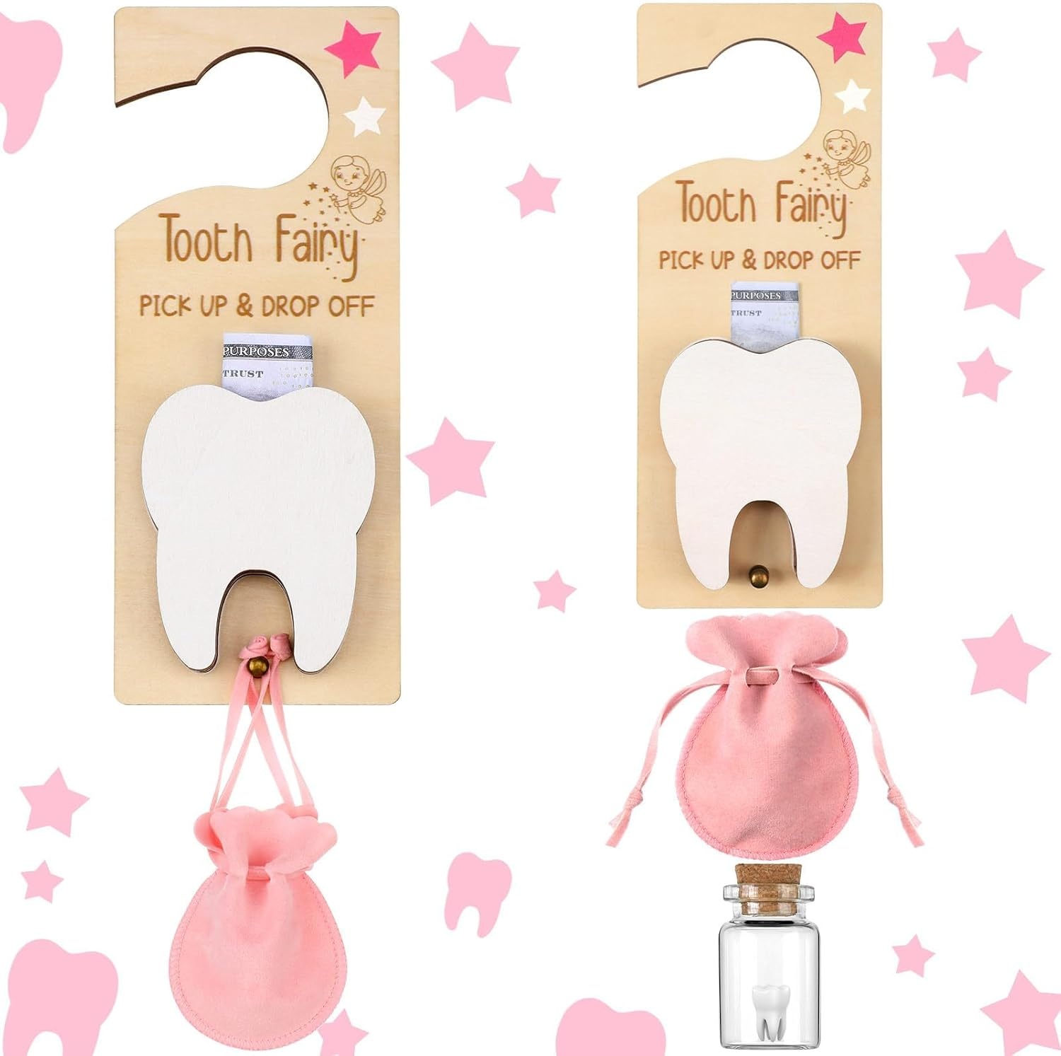 3Pcs Tooth Fairy Tooth Holder Bag Tooth Fairy Door Hanger with Money Slot Keepsake Bottle Velvet Pouch Tooth Fairy Box Encourage Lost Teeth Boy Girl Milk Teeth(Pink)
