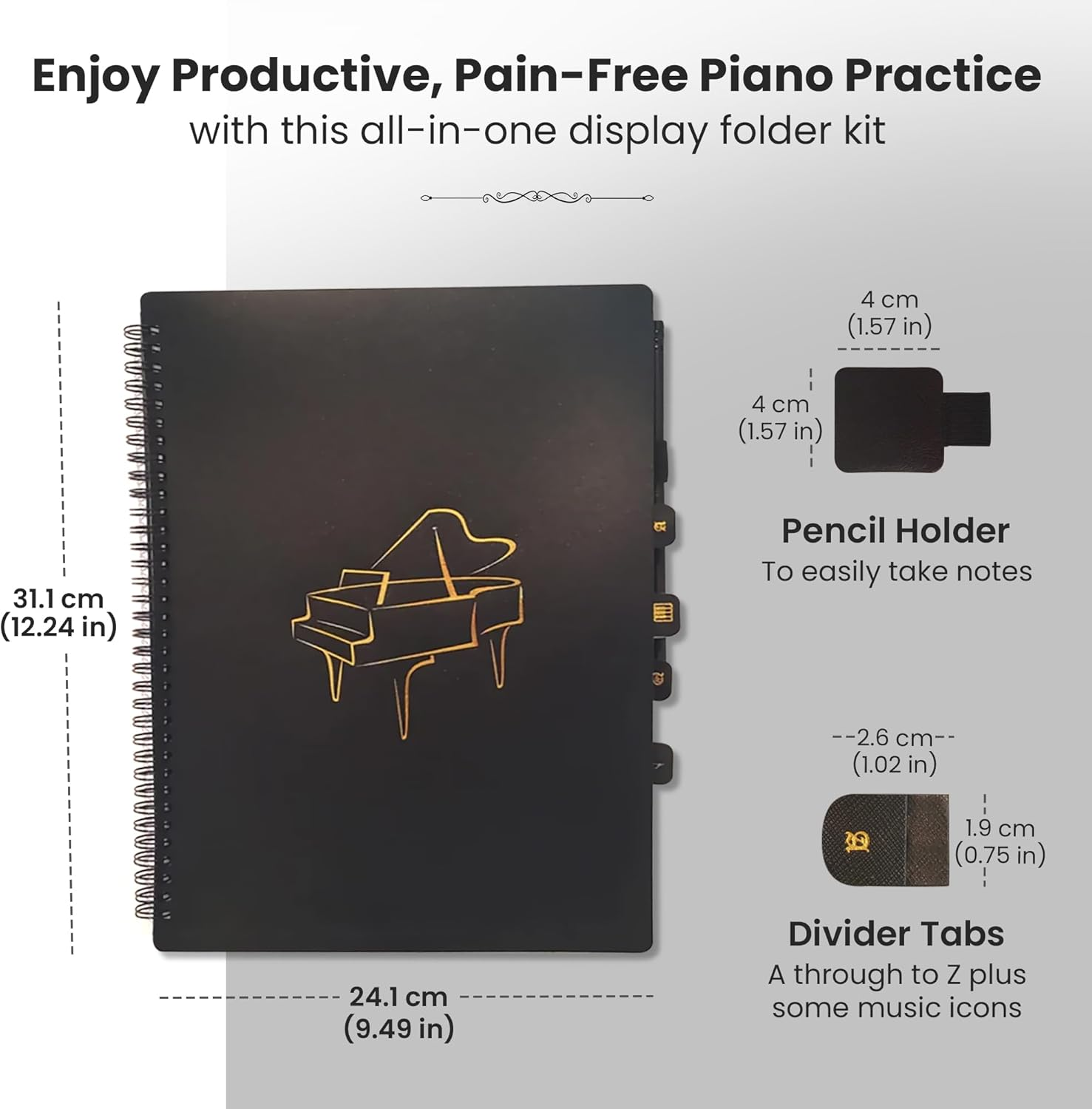 Pianoglory A4 Music Folder Value Pack with Divider Tabs, Pencil Holder, 40 Pages, Black with Gold Grand Piano Design image number 2