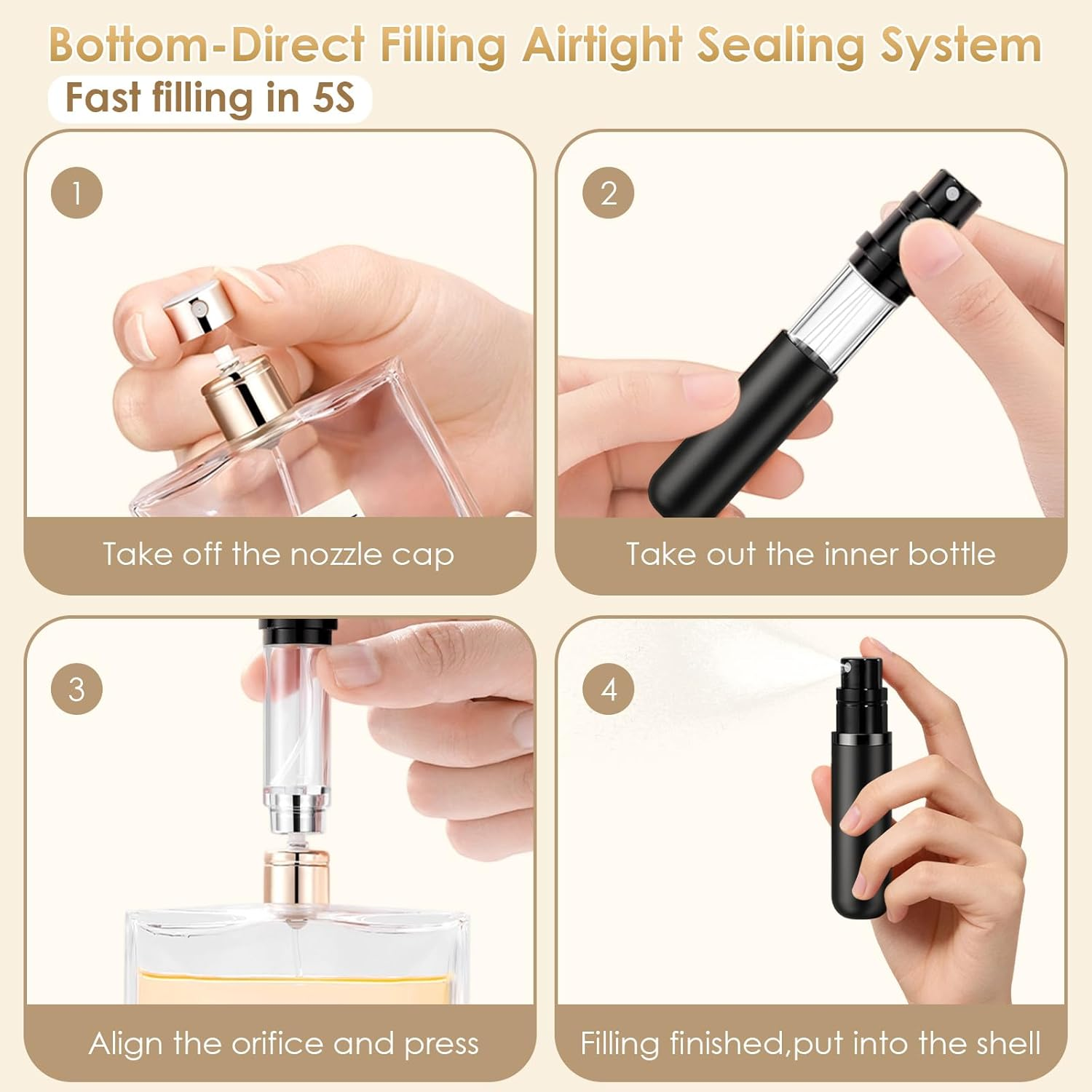 JOOMOKO Perfume Atomiser, Perfume Travel Bottle 5Ml Atomiser Spray Bottle, Refillable & Travel Size Perfume Spray Bottle Easy to Refill Cologne Dispenser for Women and Men（Black＆Grey） - Black＆Gold image number 7