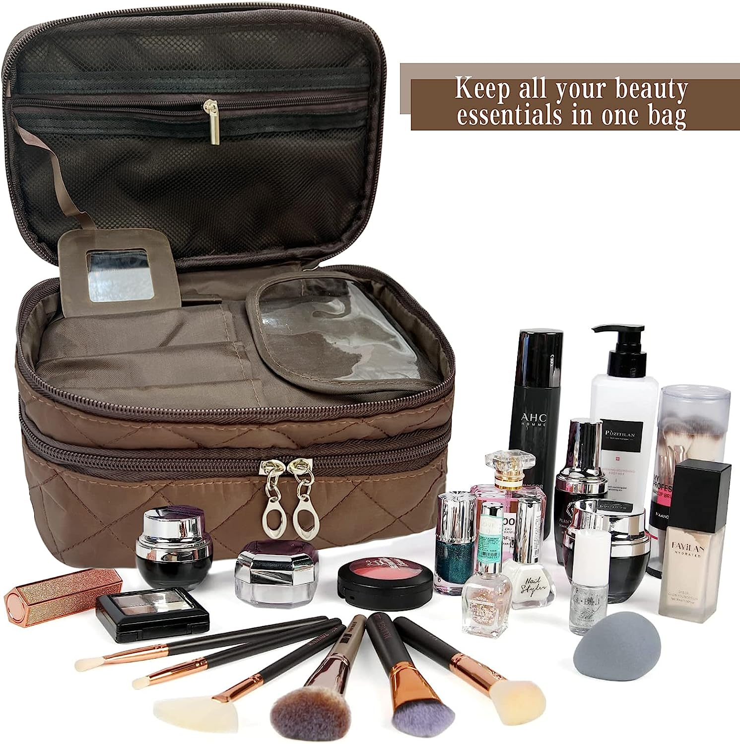 2 Layer Makeup Bag Organizer, Portable Travel Toiletry Bag, Large Capacity Make up Bag with Brush Compartment and Makeup Mirror, Multifunctional Cosmetic Bags for Women Travel Cosmetic Storage image number 4