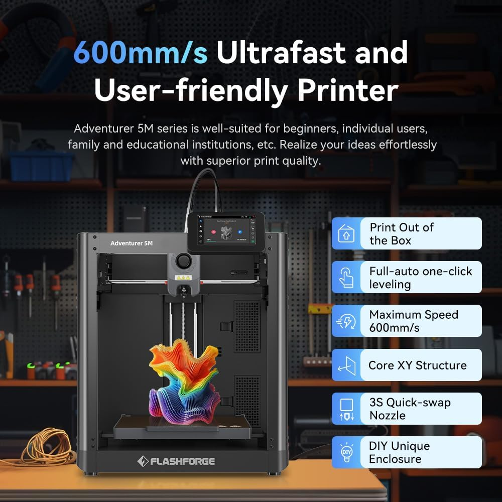 FLASHFORGE AD5M 3D Printer Fully Auto Calibration Print with 1-Click Max 600Mm/S Speed, All-Metal Corexy Structure Precise Printing, Easy-Maintenance Quick-Swap Nozzle, Print Size 220X220X220Mm image number 3