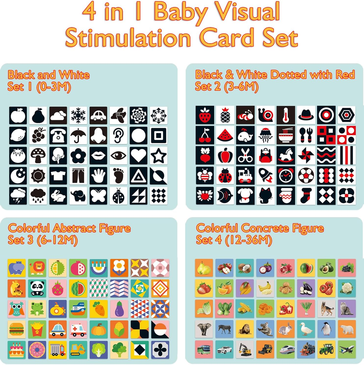 High Contrast Baby Flashcard, 80 Pcs 160 Page Black White Colorful Visual Stimulation Learning Activity Card for Babies Ages 0-3-6-12-36 Months, Newborn Infants Toys Gift, for Baby Sensory Develop image number 1