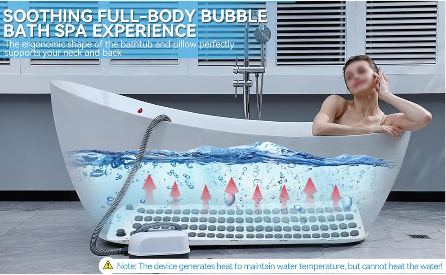 Home Surfing Massage Bath Mat, Non-Slip Bath Mat, 6-Speed Adjustment, with Inflatable Pillow + Remote, Release Tense Muscles, off Automatically, for Most Bathtubs,White image number 6