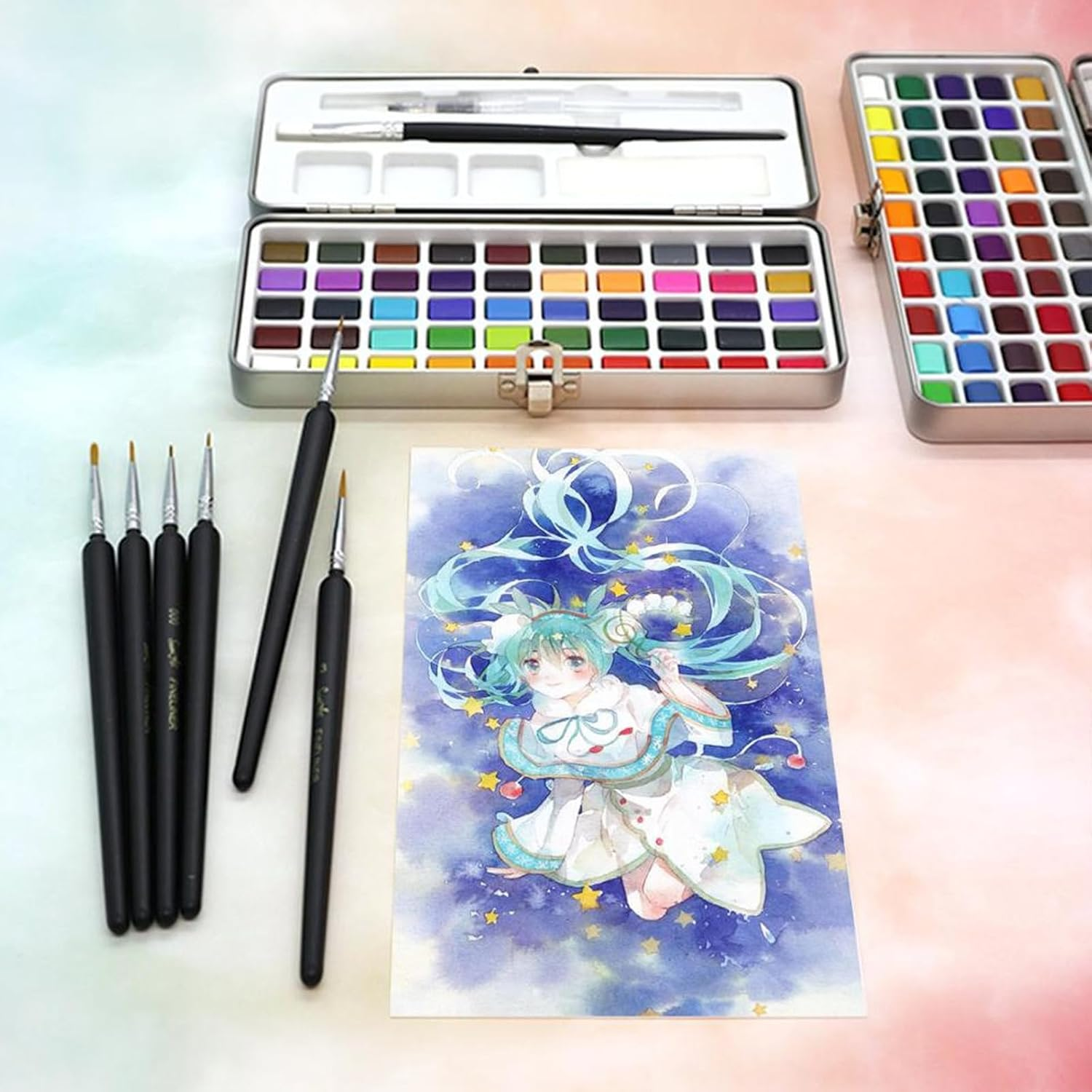 Oolong 50 Colors Watercolor Paint Set in Portable Iron Box,Travel Sized Water Color Art Kit Palette with 1 Water Brush Pens, 6 Paint Brushes, 1 Colour Charts for Adult Beginners & Professional image number 1