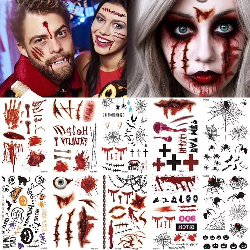 14 Sheets Halloween Tattoos Kids Temporary - Halloween Stickers Waterproof &ndash; Bats Blood Splatter Scratches Spider Webs Vampire Bites - Halloween Stickers for Adults Kids - 21X10Cm - Steadyink&reg; image number 3