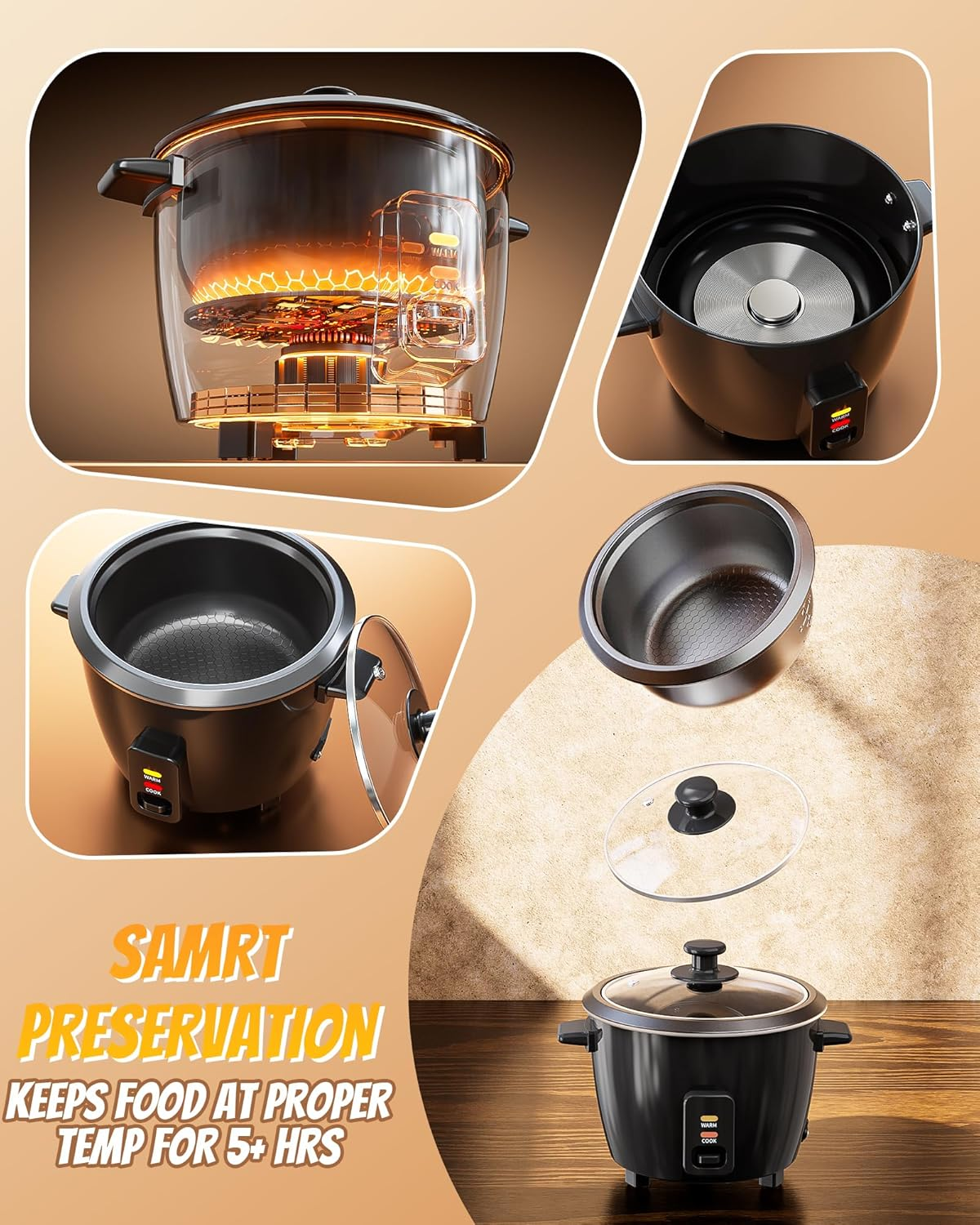 Rice Cooker - 1L Electric Small Soup Warmer with Non-Stick Inner Pot, Multicooker for Cooking Soups, Cake, Slow Cook, Stews, Cereals, Keep Warm Feature & One-Touch Control, Dishwasher Safe image number 2