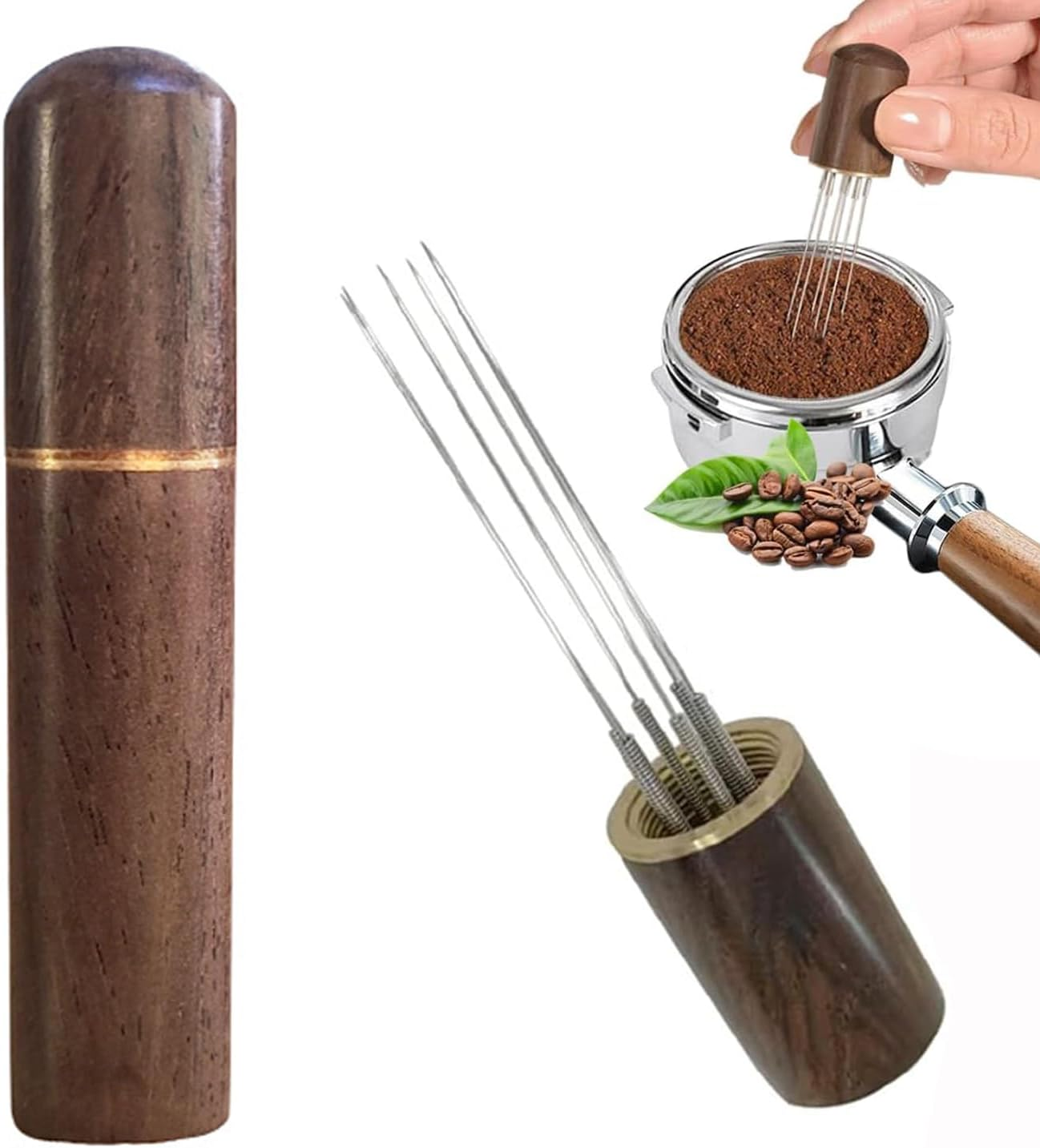 BEANPRECOY Espresso Coffee Stirrer 6 Needles 0.4Mm Coffee Grounds Needle Distribution Tool for Espresso Distribution Natural Wood Handle and Stand Professional Barista Hand Distribution Tool image number 1