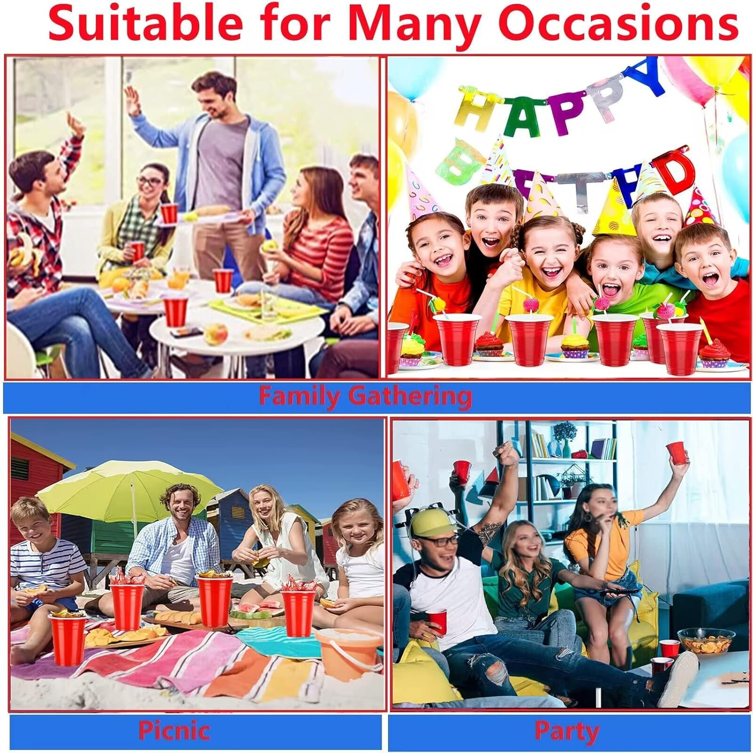 Party Cup Set, 50 Pong Cups 500 Ml/16 Oz, Party Cups Red and Blue, Repeatable Cups for New Year, Christmas, Camping, Wedding (Red) image number 3