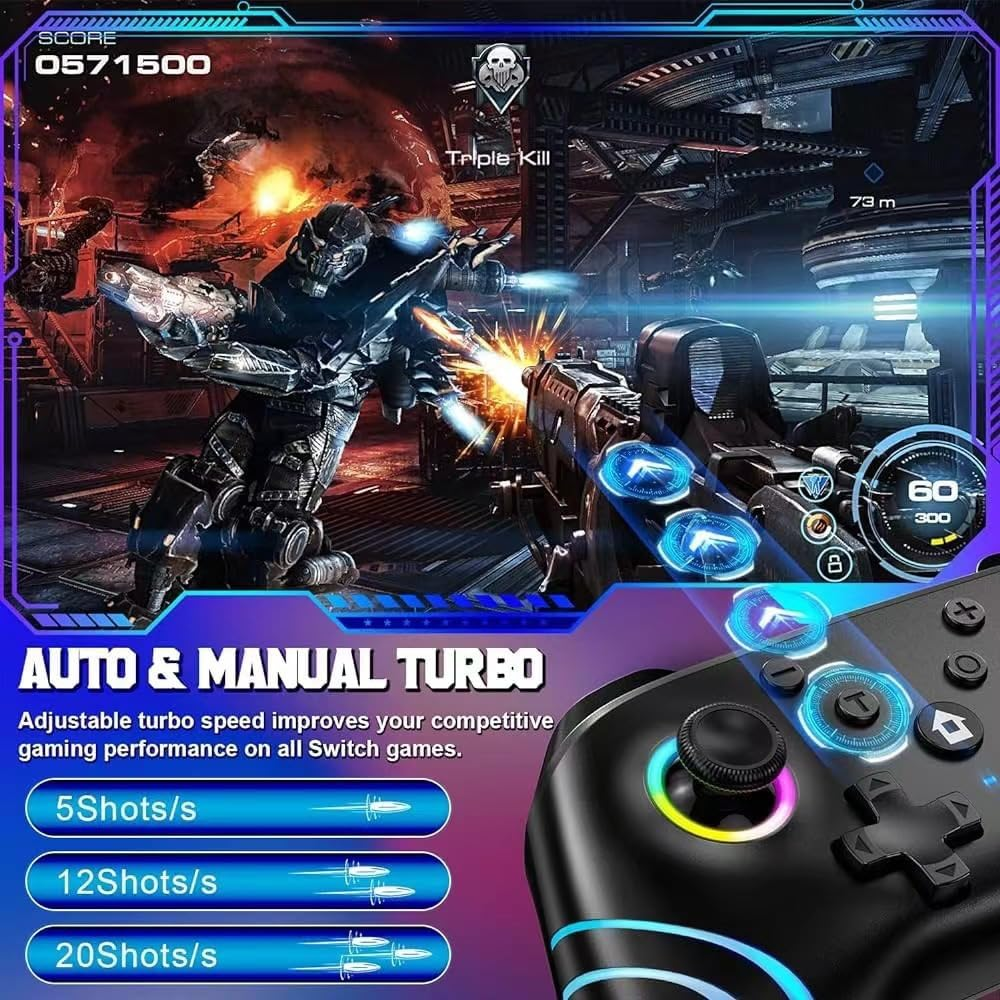 Wireless Switch Pro Controller with Hall Triggers, PC Pro Controllers for Nintendo Switch/Lite/Oled/Pc/Android/Ios/Steam with 9-Cool RGB Leds, 6-Axis Gyro Sensor Wake-Up Vibration Turbo - Black image number 5